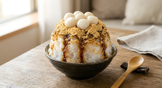 Japanese Kakigori Kuromitsu Kinako Shaved Ice Dessert with Brown Sugar Syrup and Roasted Soy Flour