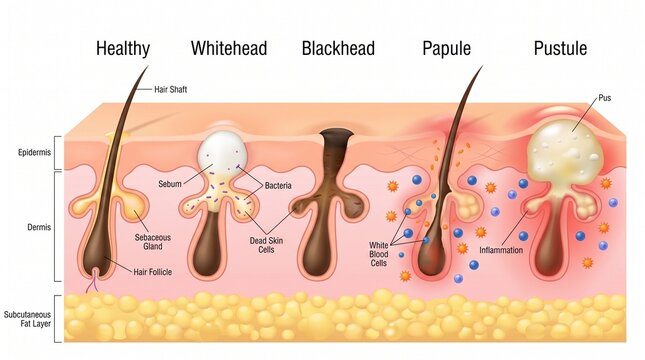 Skin pore development stages including healthy whitehead blackhead papule