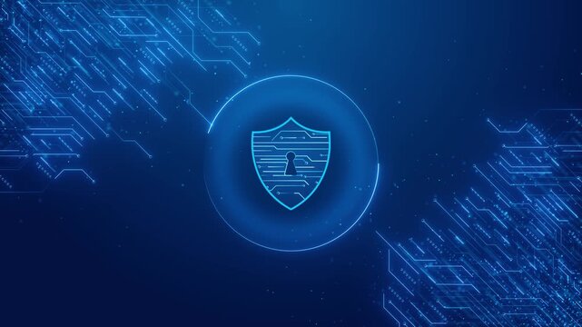 Digital data protection shield visual cyan security icon, blue circuit patterns, clean 19 layout. cyber defense , online privacy clips, password tutorials, secure app promos, motion graphics.