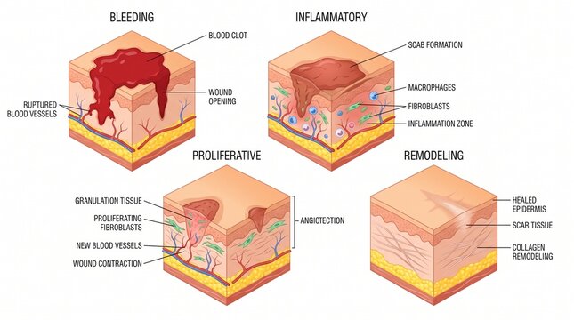 Stages of skin wound healing and inflammation medical illustration with bleeding