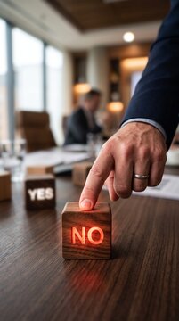 Corporate businessman hand pointing at a wooden block displaying a red glowing no word deciding against an option on a modern office conference table.