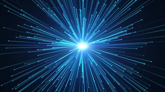 Blue beams burst with trailing light, creating a brilliant firework-like display. Dynamic particles and glowing streaks. Perfect for logo reveals, tech intros, and futuristic backgrounds. 3D animation