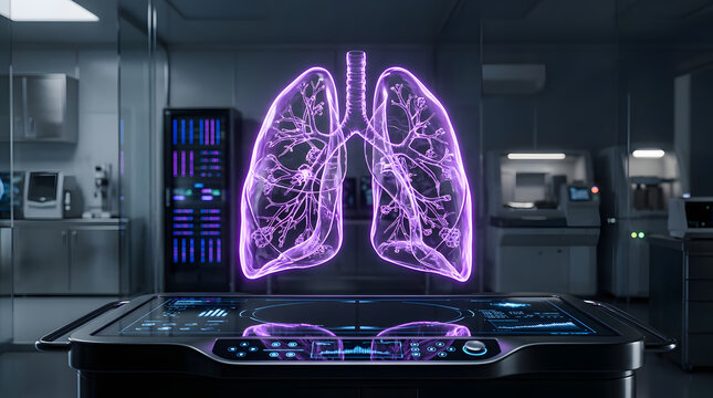 Glowing purple lungs floating over interactive medical touchscreen.