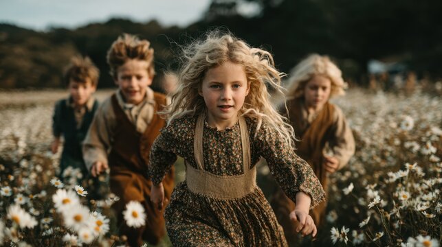 Children Running Through Flower Field.