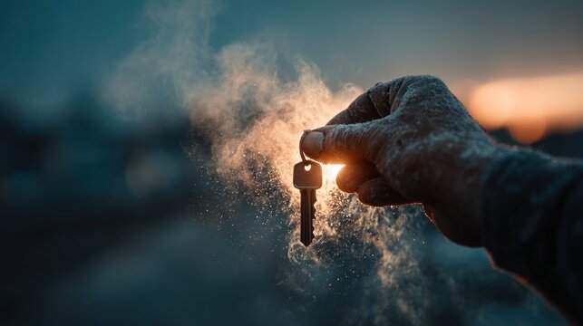 Hand holding glowing key outdoors.