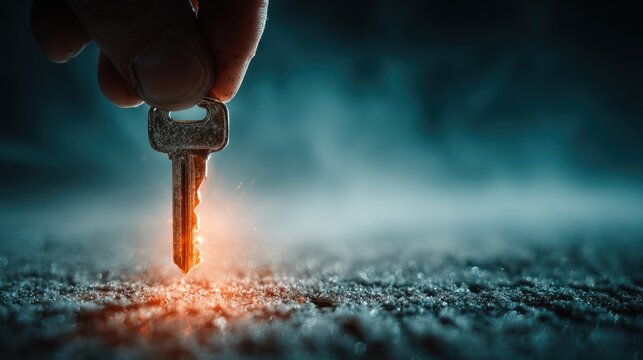 Hand holding glowing metal key.
