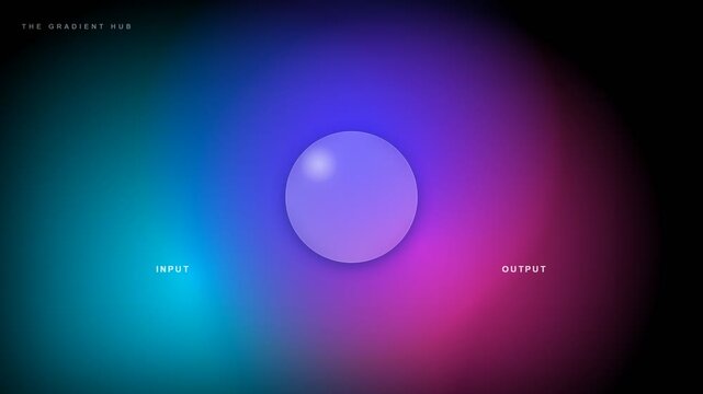 Abstract gradient background with soft glowing orbs. Purple and blue hues blend into warm pink tones. Centered minimalist panel with input and output labels