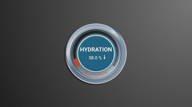Hydration health monitor animated HUD gauge widget displaying body water level drop to low status on dark background