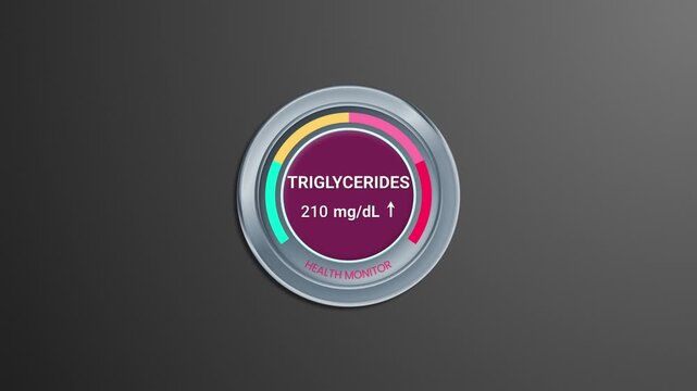 Triglycerides health monitor animated HUD gauge widget displaying blood fat level increase to high status on dark background