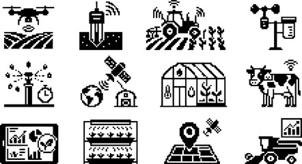 Fototapeta premium Smart agriculture pixel art icons set digital farming precision tech for modern farm. 