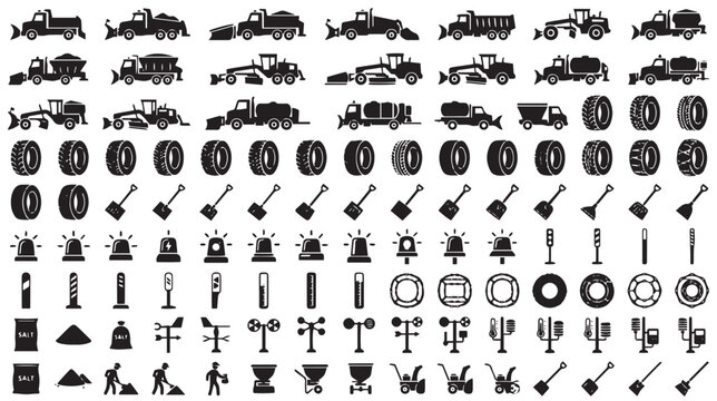 Winter road maintenance icons set, snow plow trucks and heavy machinery vector silhouettes, industrial snow removal equipment and tools collection
