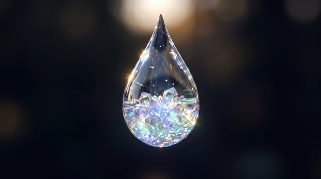 A Single Droplet of Water Sparkling with Light Refractions.