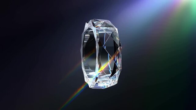 Floating transparent gemstone ring with prismatic light reflections in dark space