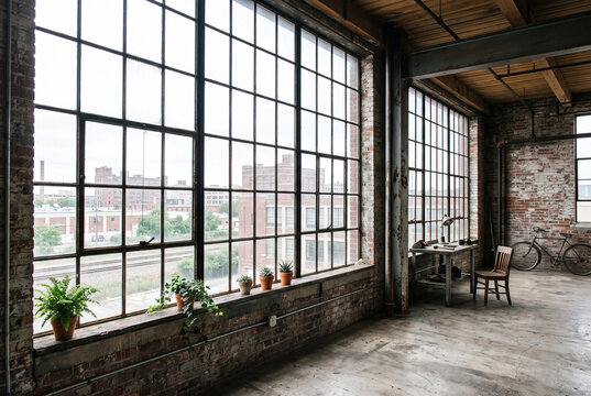 Industrial steel multi-pane factory window in raw converted interior