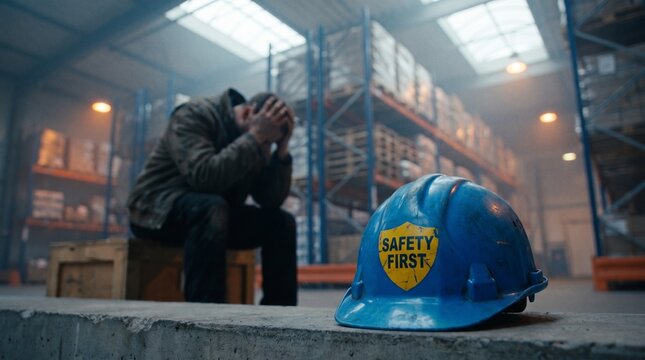 Stressed worker sitting in a dark warehouse with a blue safety helmet in the foreground featuring industrial shelving units and dim atmospheric lighting in a large distribution facility
