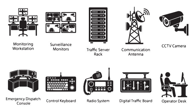 Security surveillance and traffic control icons, set of 10 black vector symbols for monitoring workstation and emergency dispatch console
