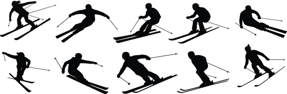 Set of black silhouette showing skiers in various downhill skiing poses and movements isolated on a white background