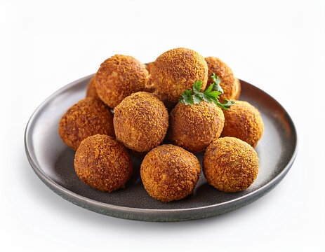 a plate of crispy falafel balls golden brown on the outside full length isolate on white background