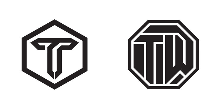 Geometric monogram logos with letter T and TW in hexagon and octagon frames for corporate branding design vector