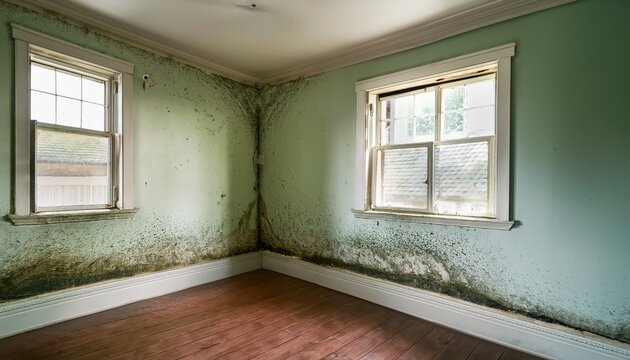 an interior corner showcasing mold growth on walls highlighting issues of moisture and neglect in building maintenance