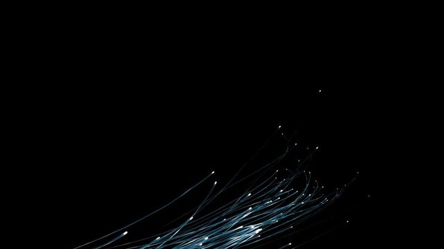 Blue trailing light rises, flows, and fades away, with fiber optic cables transmitting data streams. High-speed digital information glowing in the dark. Perfect for tech intros and network backgrounds