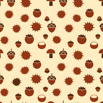 Autumn Harvest Chestnut Persimmon Acorn Mushroom Pattern