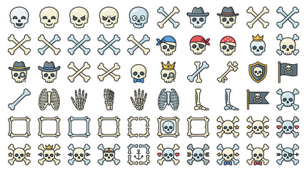 Fototapeta premium Clean Colorful Pirate Themed Icons Set with Skulls Bones Crosses Hats and Symbols for Design Projects