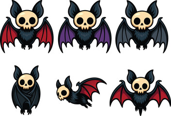 Fototapeta premium Cute cartoon bat characters with skull face and wings in different poses