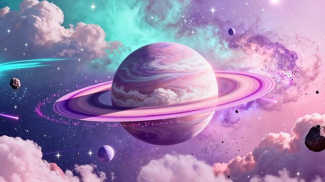 Colorful planet with rings in space