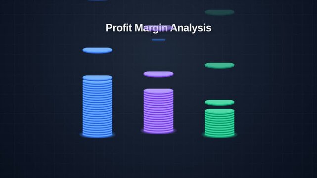 Animated profit margin analysis with gross, operating, net margins percentage bars, for financial health, business performance, strategic economic planning