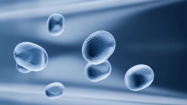 Microscopic view of blue biological cells or molecules floating in a fluid environment with soft reflections and abstract background