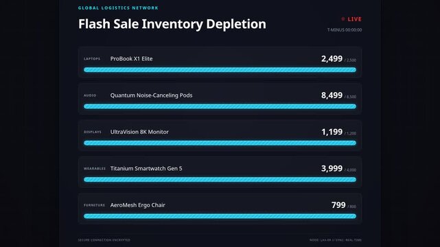 Digital dashboard with live flash sale inventory depletion with animated progress bars, for real-time e-commerce tracking, supply chain management, retail logistics, consumer demand