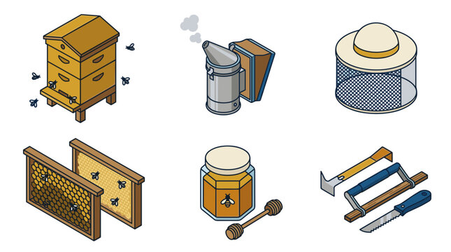 Collection of beekeeping equipment and products in isometric view