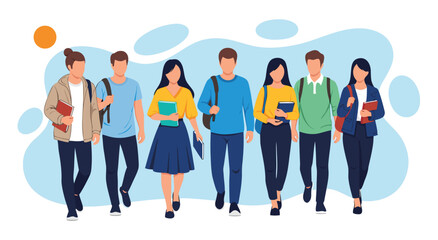 Fototapeta premium Front view vector illustration of a diverse group of college students walking together outdoors on campus background.