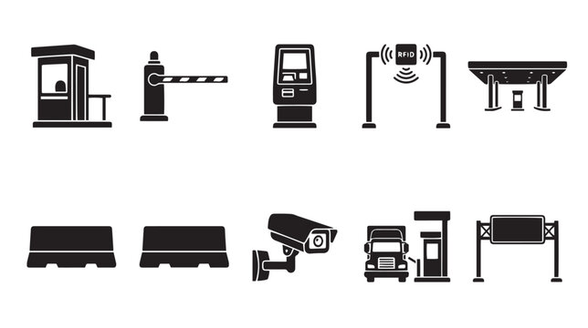 Toll road infrastructure icons set, highway gate and automatic payment terminal vectors, 10 black silhouette transportation elements for traffic management