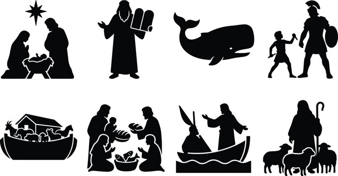 Biblical stories and christian religion icon set featuring nativity scene noahs ark and moses vector silhouettes