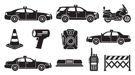 Fototapeta premium Police department equipment icons set, law enforcement vehicle silhouettes and patrol gear, black vector emergency service symbols for security design