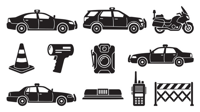 Police department equipment icons set, law enforcement vehicle silhouettes and patrol gear, black vector emergency service symbols for security design