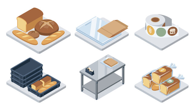 Bakery production and packaging process isometric illustration