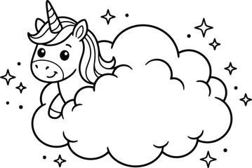Fototapeta premium Cartoon unicorn peeking from a cloud black and white line illustration
