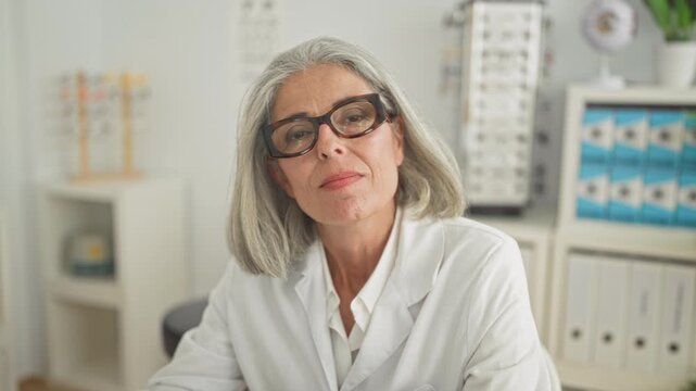 Woman wearing glasses smiling at camera in optometry clinic building with eyeglass frames and white coat; care trust.