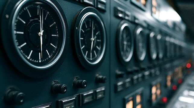 Industrial control panel displaying gauges and indicators in a control room