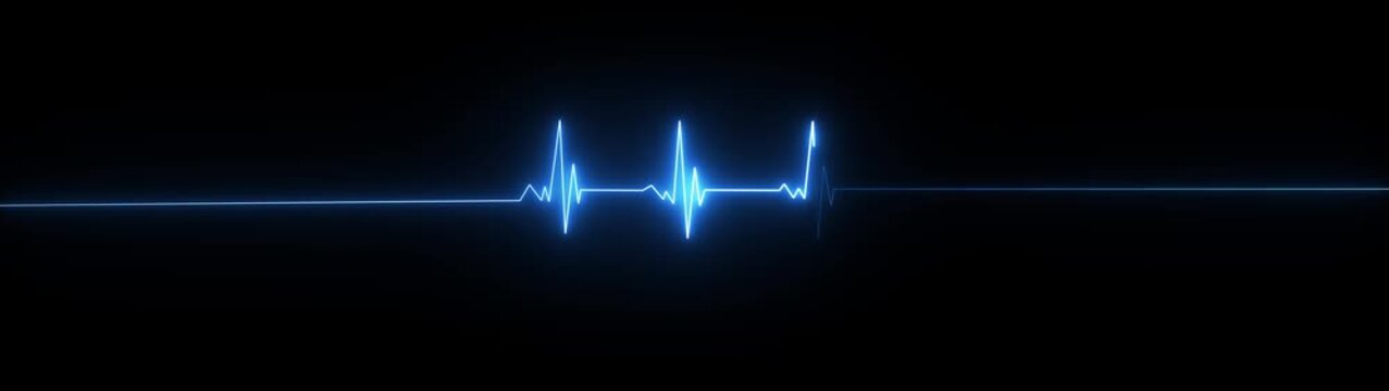 ECG heartbeat line glowing on black background, with sharp pulse peaks and smooth flat segments, symbolizing heart activity, life monitoring, and motion graphics of cardiogram concept