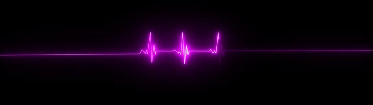 ECG heartbeat line glowing on black background, with sharp pulse peaks and smooth flat segments, symbolizing heart activity, life monitoring, and motion graphics of cardiogram concept