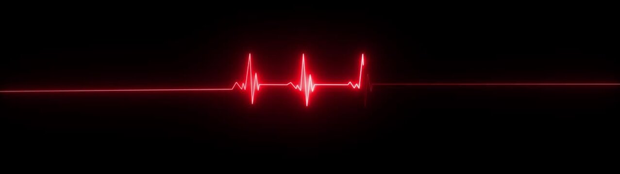 ECG heartbeat line glowing on black background, with sharp pulse peaks and smooth flat segments, symbolizing heart activity, life monitoring, and motion graphics of cardiogram concept