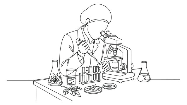 A line art illustration of a scientist conducting laboratory research with a microscope.