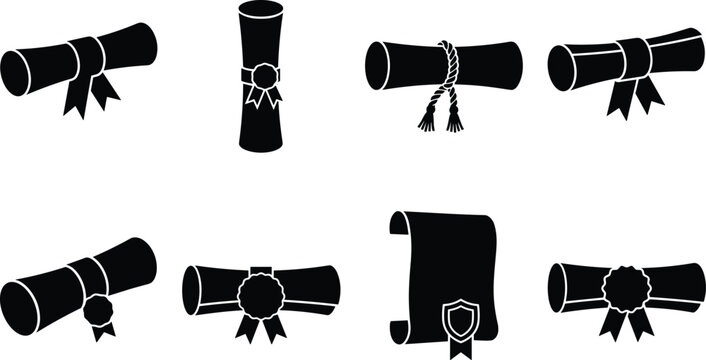Graduation diploma scroll vector icon set with black silhouettes of university degrees certificates and rolled parchments