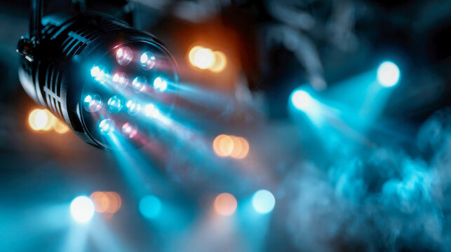 Powerful stage spotlight casting blue and red beams through smoke, creating a dramatic concert, theater, or event lighting background