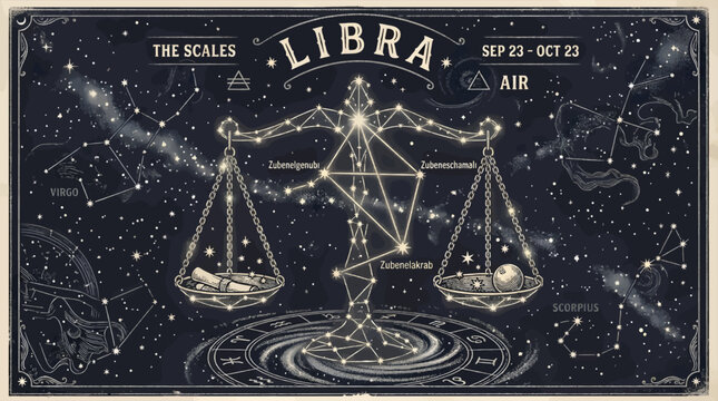 Libra Constellation Vector Illustration with Scales, Zodiac Sign, Stars, and Celestial Map, Representing Air Element and Dates Sep 23 - Oct 23