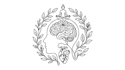 Naklejka premium Mental health line art vector, human brain and heart connection illustration, meditation and mindfulness concept with floral wreath